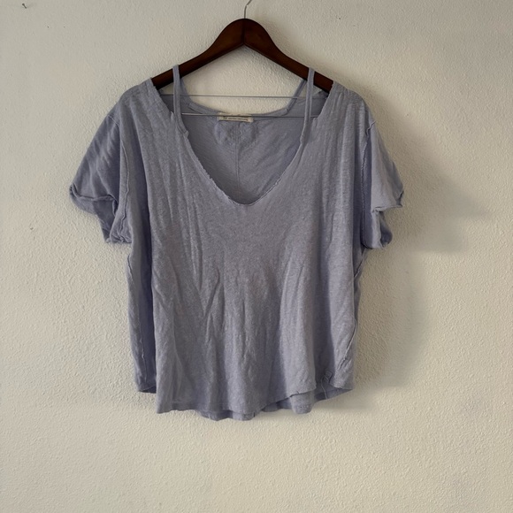 Free People Oversized Over U Tee NEW Medium Blue Moon Linen Blend Grunge Cropped - Picture 12 of 12